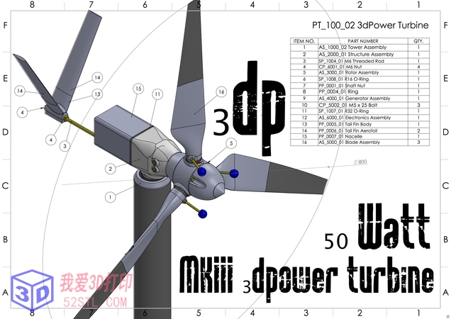 MKIII50瓦3d可打印风力涡轮机-3d打印模型stl格式下载-百度网盘云下载【我爱3D打印】