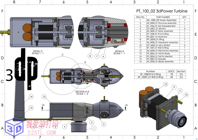 MKIII50瓦3d可打印风力涡轮机-3d打印stl文件下载装配图