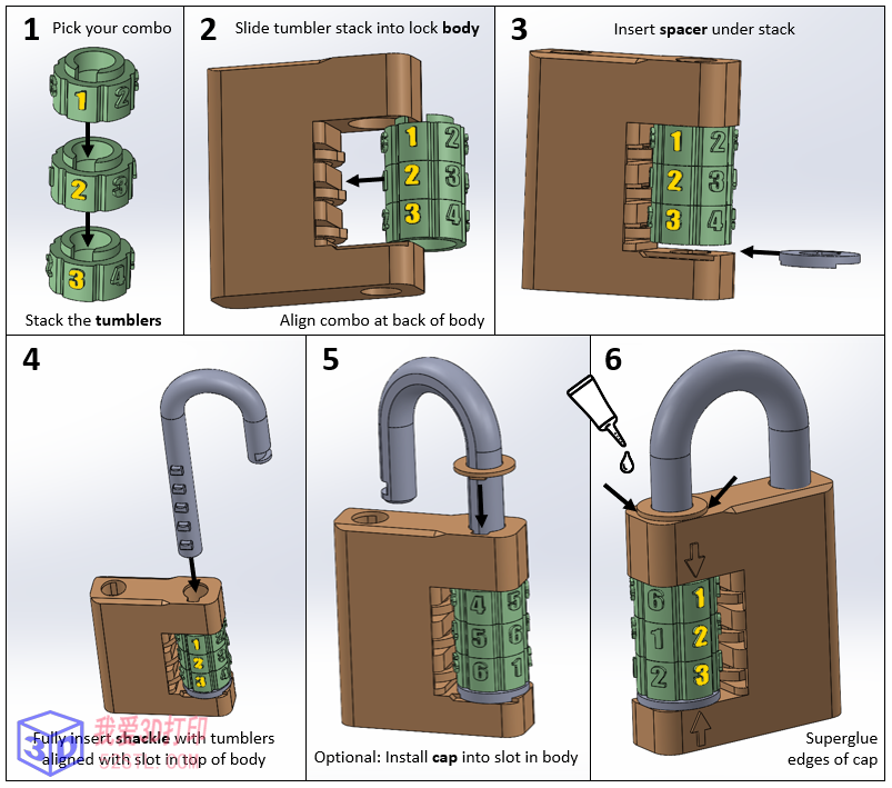 自制密码组合挂锁-3d打印模型stl