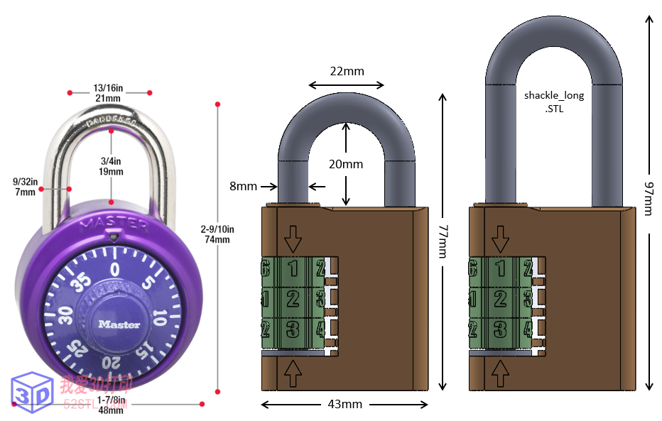 自制密码组合挂锁-3d打印模型stl